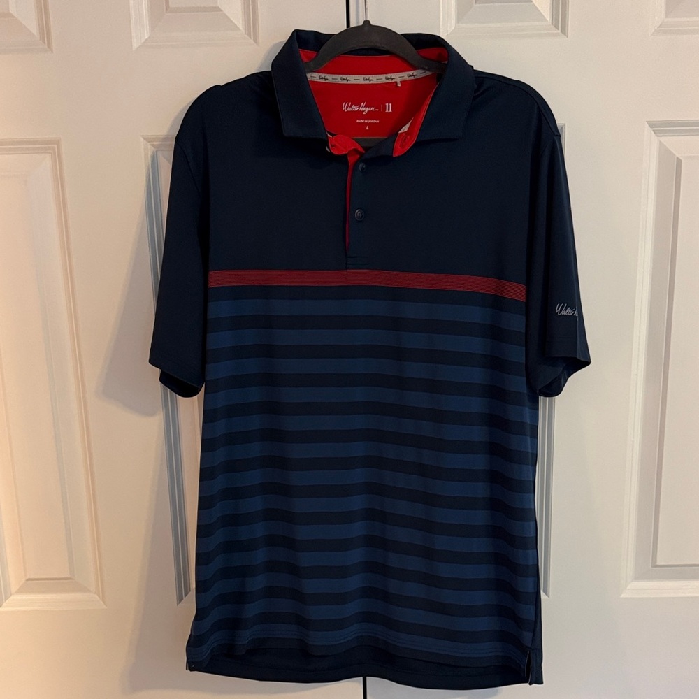 Walter Hagen Navy Polo with Red Trim and Horizontal Stripes